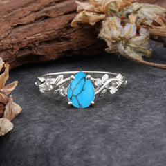 4 Prong Natural Inspired Ring Floral Turquoise Engagement Ring Pear Cut Ring