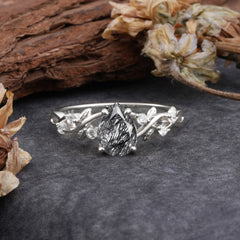 4 Prong Natural Inspired Ring Floral Natural Black Rutilated Quartz Engagement Ring Pear Cut Ring