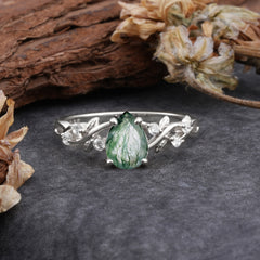 4 Prong Natural Inspired Ring Floral Natural Moss Agate Engagement Ring Pear Cut Ring