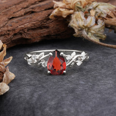 4 Prong Natural Inspired Ring Floral Natural Garnet Engagement Ring Pear Cut Ring
