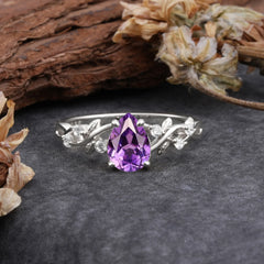 4 Prong Natural Inspired Ring Floral Natural Amethyst Engagement Ring Pear Cut Ring
