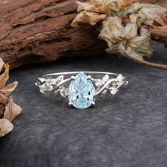 4 Prong Natural Inspired Ring Floral Natural Aquamarine Engagement Ring Pear Cut Ring