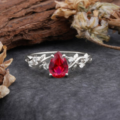 4 Prong Natural Inspired Ring Floral Natural Ruby Engagement Ring Pear Cut Ring