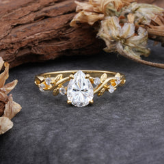 4 Prong Natural Inspired Ring Floral Moissanite Engagement Ring Pear Cut Ring