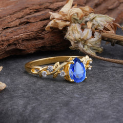 4 Prong Natural Inspired Ring Floral Sapphire Engagement Ring Pear Cut Ring