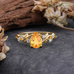 4 Prong Natural Inspired Ring Floral Citrine Engagement Ring Pear Cut Ring
