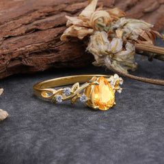 4 Prong Natural Inspired Ring Floral Citrine Engagement Ring Pear Cut Ring