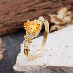 4 Prong Natural Inspired Ring Floral Citrine Engagement Ring Pear Cut Ring