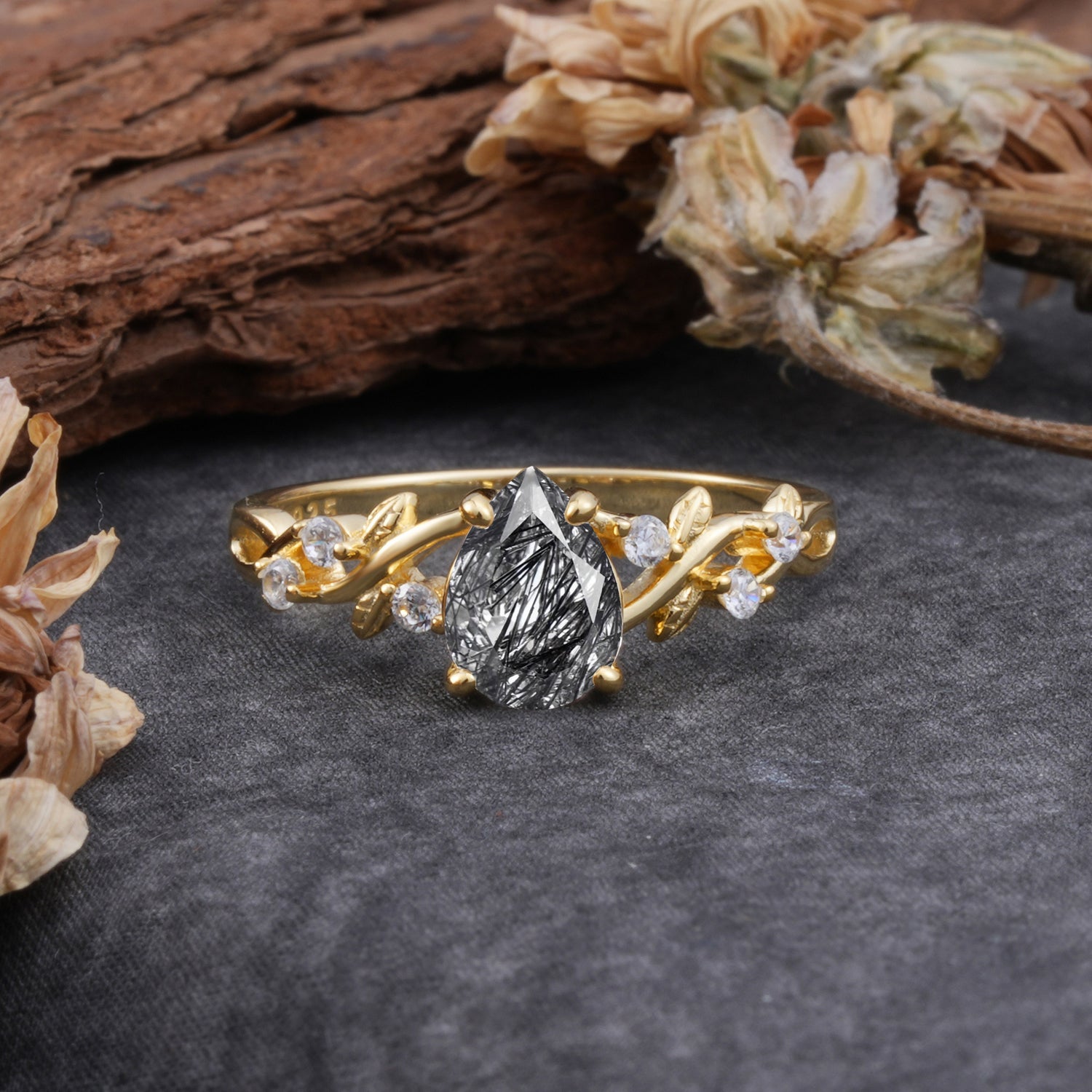 4 Prong Natural Inspired Ring Floral Natural Black Rutilated Quartz Engagement Ring Pear Cut Ring