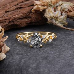 4 Prong Natural Inspired Ring Floral Natural Black Rutilated Quartz Engagement Ring Pear Cut Ring