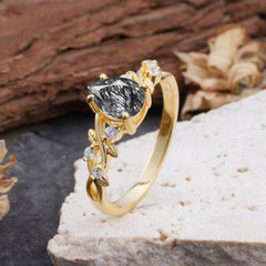 4 Prong Natural Inspired Ring Floral Natural Black Rutilated Quartz Engagement Ring Pear Cut Ring