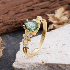 4 Prong Natural Inspired Ring Floral Natural Moss Agate Engagement Ring Pear Cut Ring