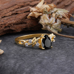 4 Prong Natural Inspired Ring Floral Black Onyx Engagement Ring Pear Cut Ring