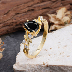 4 Prong Natural Inspired Ring Floral Black Onyx Engagement Ring Pear Cut Ring