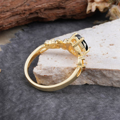 4 Prong Natural Inspired Ring Floral Black Onyx Engagement Ring Pear Cut Ring