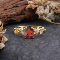 4 Prong Natural Inspired Ring Floral Natural Garnet Engagement Ring Pear Cut Ring
