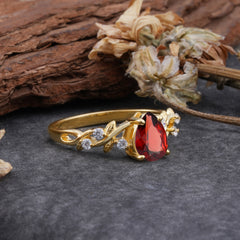 4 Prong Natural Inspired Ring Floral Natural Garnet Engagement Ring Pear Cut Ring