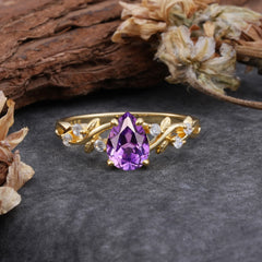 4 Prong Natural Inspired Ring Floral Natural Amethyst Engagement Ring Pear Cut Ring