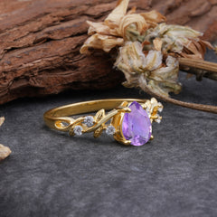 4 Prong Natural Inspired Ring Floral Natural Amethyst Engagement Ring Pear Cut Ring