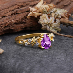 4 Prong Natural Inspired Ring Floral Natural Amethyst Engagement Ring Pear Cut Ring