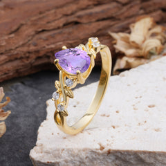 4 Prong Natural Inspired Ring Floral Natural Amethyst Engagement Ring Pear Cut Ring