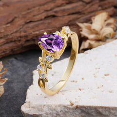4 Prong Natural Inspired Ring Floral Natural Amethyst Engagement Ring Pear Cut Ring