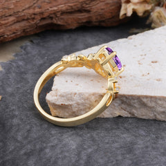 4 Prong Natural Inspired Ring Floral Natural Amethyst Engagement Ring Pear Cut Ring