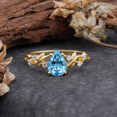 4 Prong Natural Inspired Ring Floral Aquamarine Engagement Ring Pear Cut Ring