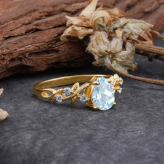 4 Prong Natural Inspired Ring Floral Natural Aquamarine Engagement Ring Pear Cut Ring