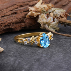 4 Prong Natural Inspired Ring Floral Aquamarine Engagement Ring Pear Cut Ring