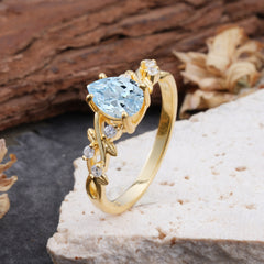 4 Prong Natural Inspired Ring Floral Natural Aquamarine Engagement Ring Pear Cut Ring