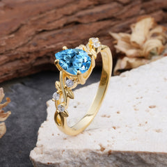 4 Prong Natural Inspired Ring Floral Aquamarine Engagement Ring Pear Cut Ring