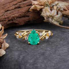 4 Prong Natural Inspired Ring Floral Emerald Engagement Ring Pear Cut Ring