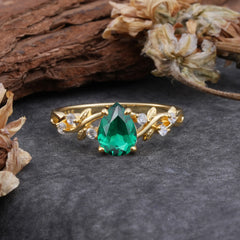 4 Prong Natural Inspired Ring Floral Emerald Engagement Ring Pear Cut Ring