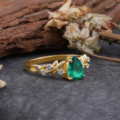 4 Prong Natural Inspired Ring Floral Emerald Engagement Ring Pear Cut Ring