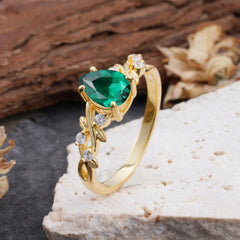 4 Prong Natural Inspired Ring Floral Emerald Engagement Ring Pear Cut Ring