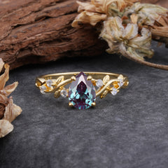 4 Prong Natural Inspired Ring Floral Natural Alexandrite Engagement Ring Pear Cut Ring