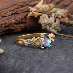 4 Prong Natural Inspired Ring Floral Natural Alexandrite Engagement Ring Pear Cut Ring