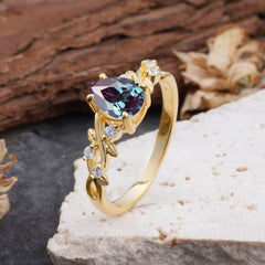 4 Prong Natural Inspired Ring Floral Natural Alexandrite Engagement Ring Pear Cut Ring