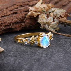 4 Prong Natural Inspired Ring Floral Moonstone Engagement Ring Pear Cut Ring