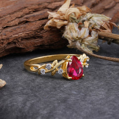 4 Prong Natural Inspired Ring Floral Natural Ruby Engagement Ring Pear Cut Ring