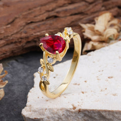 4 Prong Natural Inspired Ring Floral Natural Ruby Engagement Ring Pear Cut Ring