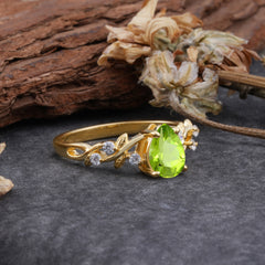 4 Prong Natural Inspired Ring Floral Peridot Engagement Ring Pear Cut Ring