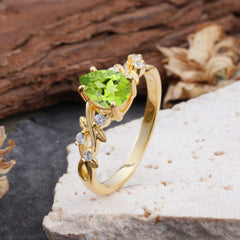 4 Prong Natural Inspired Ring Floral Peridot Engagement Ring Pear Cut Ring