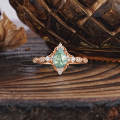 Antique Pear-Cut Natural Moss Agate Engagement Ring
