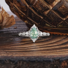 Antique Pear-Cut Natural Moss Agate Engagement Ring