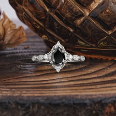 Antique Pear-Cut Natural Black Onyx Engagement Ring