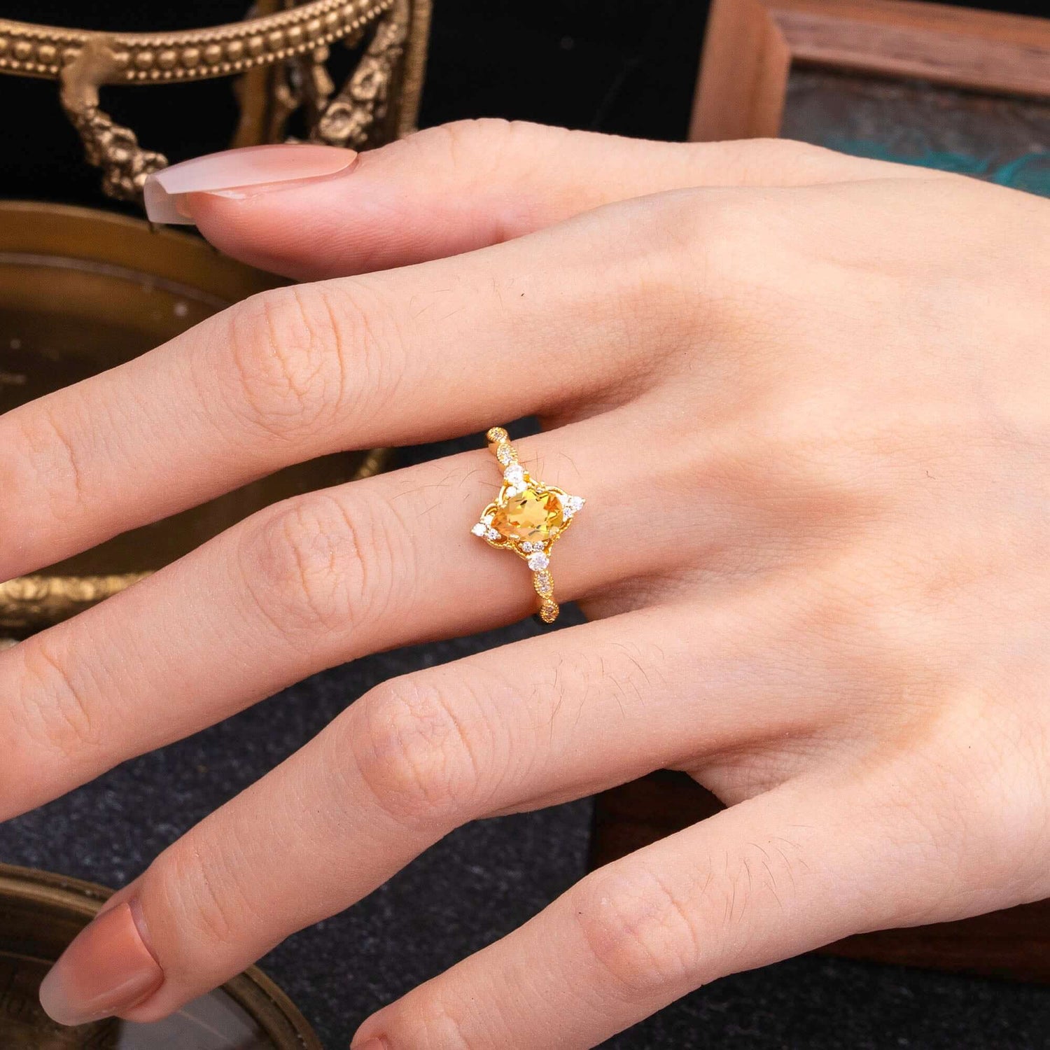 Antique Pear-Cut Natural Citrine Engagement Ring