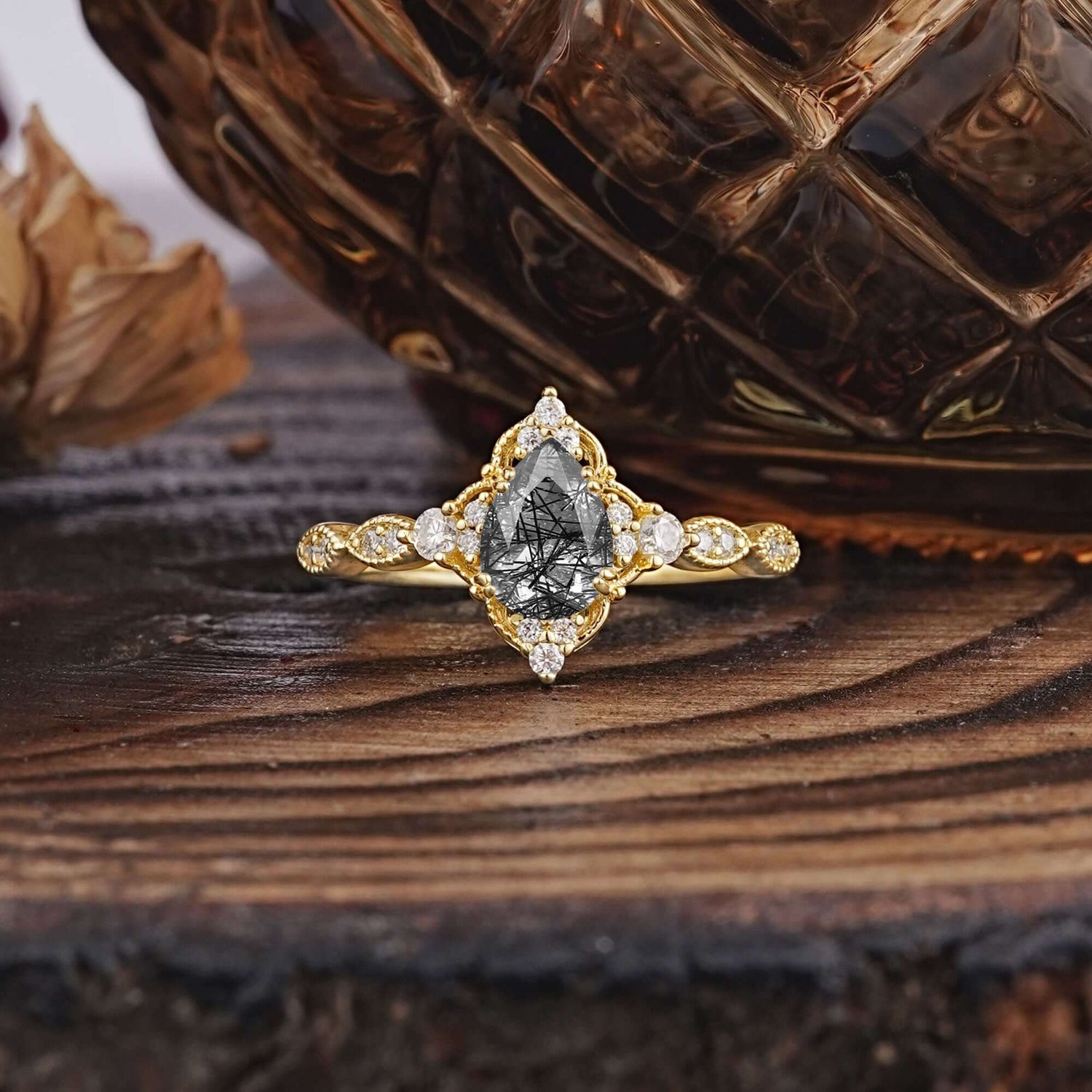 Antique Pear-Cut Natural Black Rutilated Quartz Engagement Ring