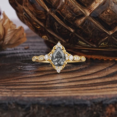 Antique Pear-Cut Natural Black Rutilated Quartz Engagement Ring